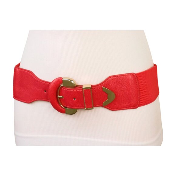 New Women Coral Pink Faux Leather Elastic Waistband Belt Round Gold Buckle S M - Picture 16 of 16